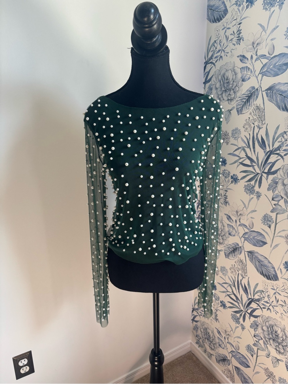 Women's Emerald Green Pearl-Embellished Long Sleeve Top
